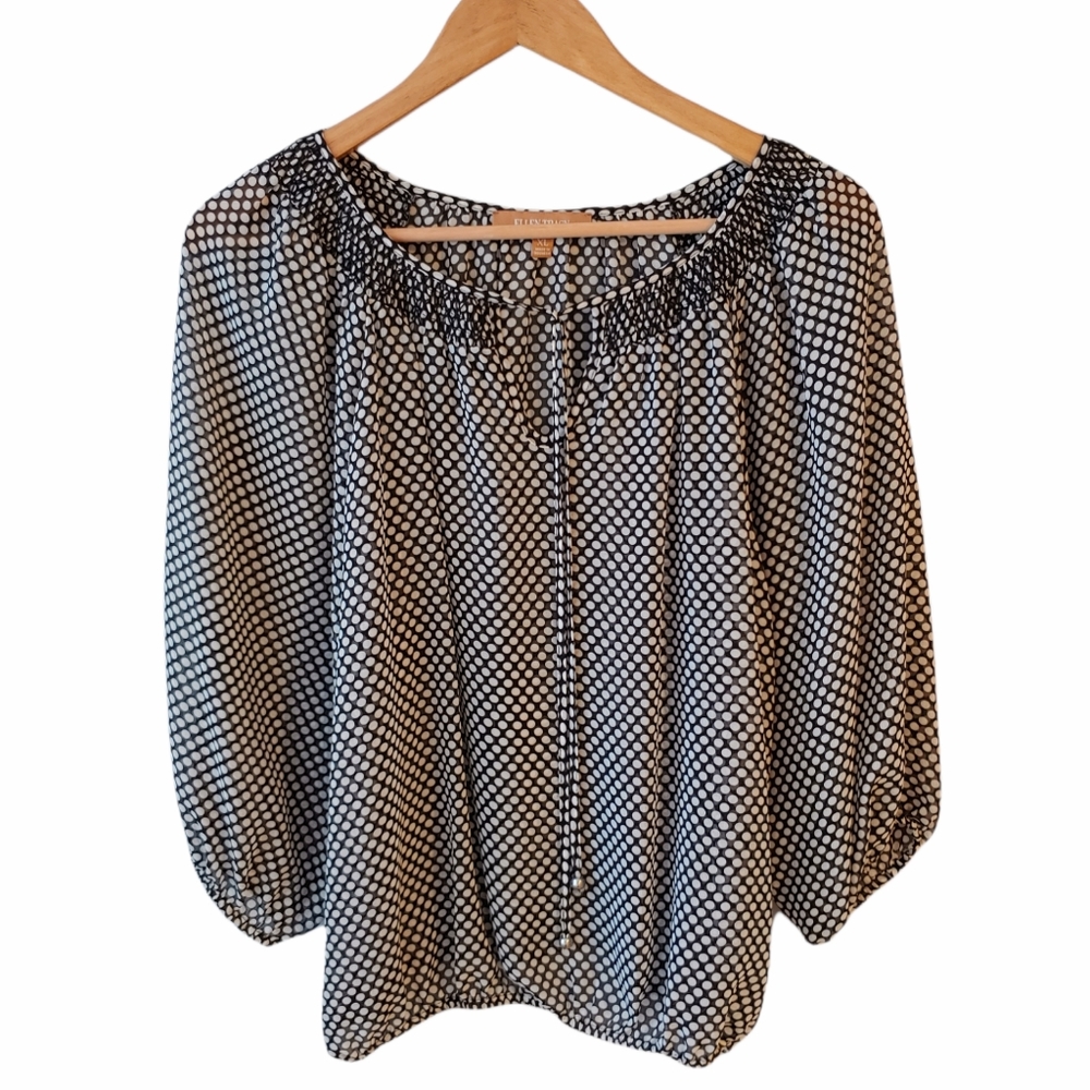Ellen Tracey Black and White Long Sleeve Polka Dot Sheer Blouse Size XL